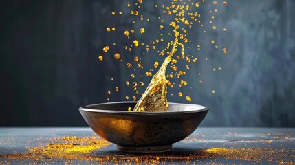 Splash of golden spice in black bowl, culinary art, vibrant colors, creative food photography
