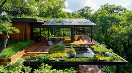 Modern Eco-Friendly Home Surrounded by Lush Greenery and Natural Habitat with Solar Panels and Sustainable Design Features