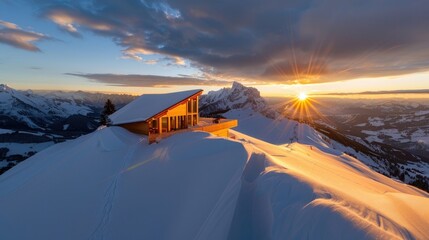 Scenic Mountain Cabin at Sunset Surrounded by Snowy Peaks and Serene Landscape Ideal for Winter Travel and Nature Lovers
