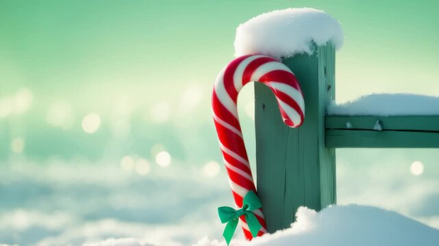 Snow-dusted green fence post with candy cane and bow