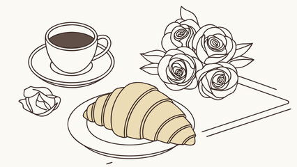 A simple line drawing of a croissant coffee cup and roses on a light background