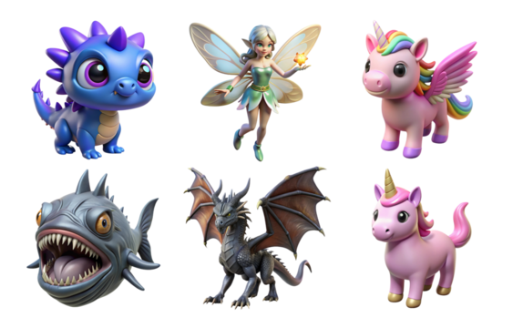 Magical 3d mythical creatures icon bundle set featuring dragons fairies unicorns and monsters transparent background