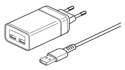 Clean line art illustration of a dual usb wall charger with a connected usb cable on a white background