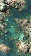 Fototapeta premium Top-down view of rocks & clear turquoise water. Sunlight shines through the water, highlighting the texture of rocks on the seabed