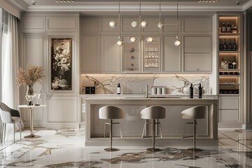 sharp image of White and beige kitchen interior, bar and picture