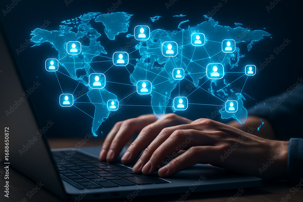 Fototapete global business communication network with interconnected user icons on a world map, person using a 