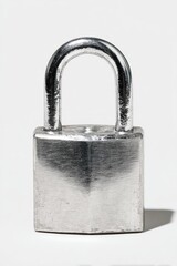 Fototapeta premium A silver padlock, slightly worn, sits on a white background, casting a subtle shadow. Its simple, squared body and curved shackle suggest durability and security
