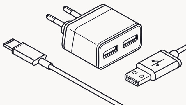 Modern dual port usb wall charger adapter with usb a and usb c cables for charging devices