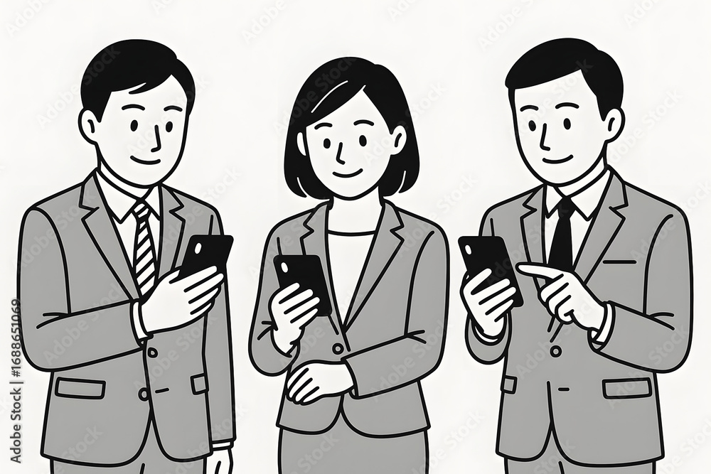Poster digital connection: business professionals engaging with smartphones, representing connectivity in a