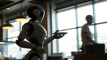 Robot waiter serving in cafe.