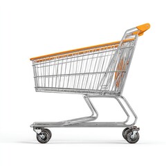 A silver shopping cart with orange accents, viewed from the side on a white background, empty and ready for groceries