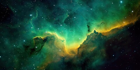 Obraz premium Astronomical Green and Yellow Nebula with Distant Galaxies - A vivid portrayal of a green and yellow nebula, surrounded by galaxies far in the distance