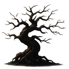 Gnarled ancient spooky dead tree with twisted branches and rough bark isolated on transparent background