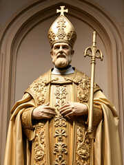 Obraz premium Majestic religious sculpture of a bishop in ornate sacred vestments