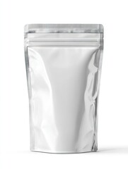 A silver, stand-up pouch with a resealable zipper top, slightly wrinkled, isolated on a white background.  It's empty and ready for packaging