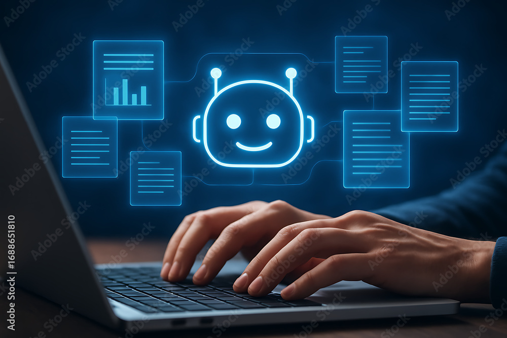 Poster artificial intelligence chatbot assisting with business analysis and data management, person using a