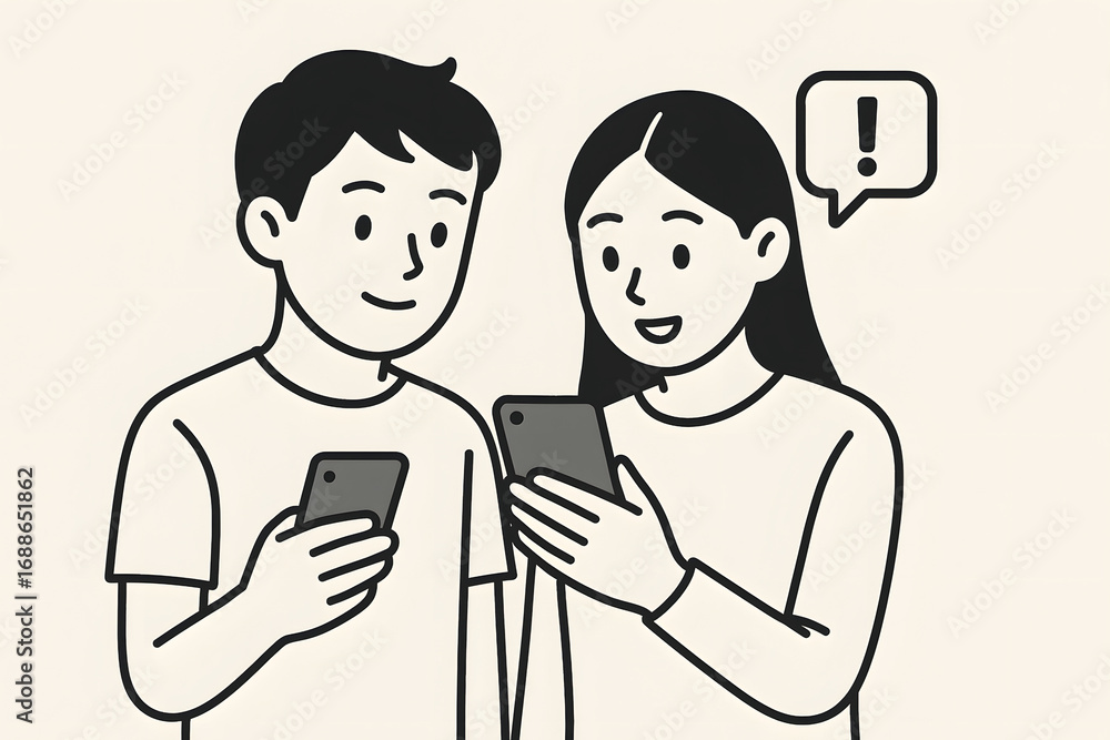 Poster communication dialogue: two figures engage in a dynamic exchange, connected by technology, each hold
