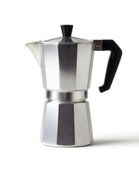 A silver, stovetop espresso maker with a black plastic handle and lid, sits on a white background, casting a subtle shadow