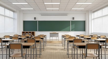 Empty classroom with rows of wooden desks and chairs facing a large green chalkboard under bright fluorescent lighting