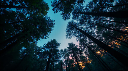 Tall Coniferous Trees Forest Under Twilight Sky in Natural Setting