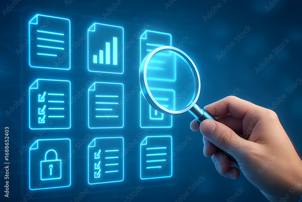 Aufkleber magnifying glass icon for searching a document and finding important data or information, digital fi