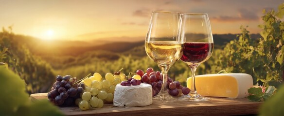 The Elegant Wine and Cheese Pairing at Sunset in a Vineyard