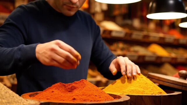 Discovering rich flavors Mans hand samples vibrant turmeric and paprika spices from wooden bowls at a traditional market Experience authentic culinary explorati