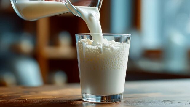 Pouring kefir yogurt into glass cup close-up. Glass with kefir or milk, lactic acid product dairy products concept. Drinking fresh lactose free in morning.