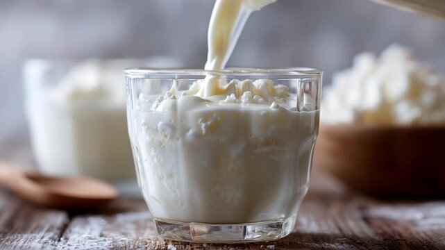 Pouring kefir yogurt into glass cup close-up. Glass with kefir or milk, lactic acid product dairy products concept. Drinking fresh lactose free in morning.