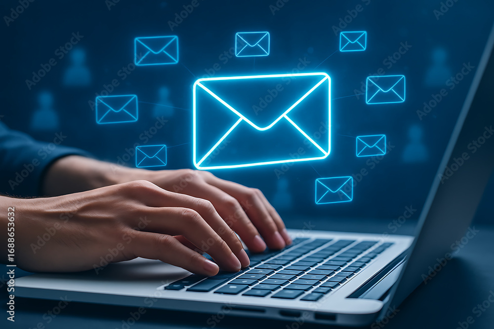 Poster sending and receiving email, person using a laptop computer for corporate communication, marketing a