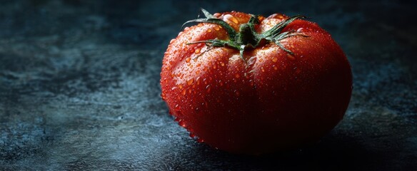 The vibrant red tomato with water droplets on a dark background.