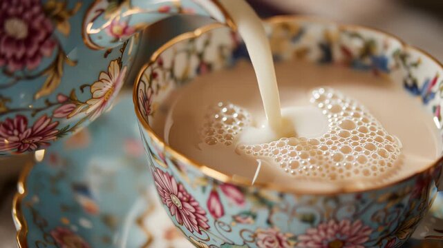 Top down shot of pouring milk into a beautiful floral patterned tea cup with tea in it. Close up