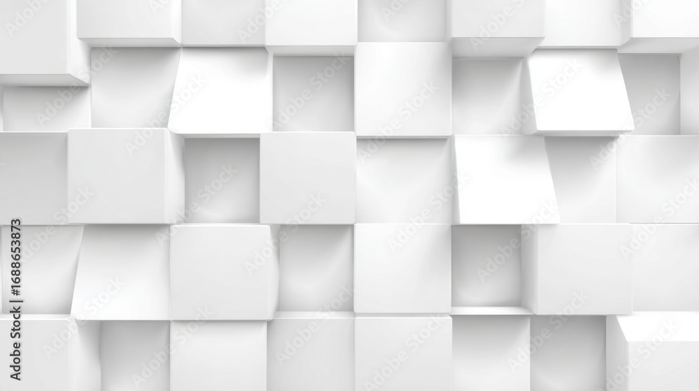 Poster A textured wall features a series of white cubes in various depths, creating a modern and minimalist aesthetic ideal for contemporary interiors. The design enhances visual interest and dimension.