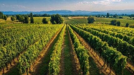 Lush green grapevines stretch across the countryside, showcasing neatly organized rows. The sun shines on the open fields, with distant mountains adding to the serene atmosphere of this vineyard.