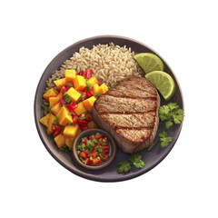 Grilled Tuna Steak with Brown Rice, Mango Salsa, and Pico de Gallo