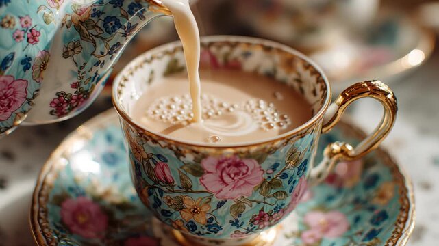 Top down shot of pouring milk into a beautiful floral patterned tea cup with tea in it. Close up
