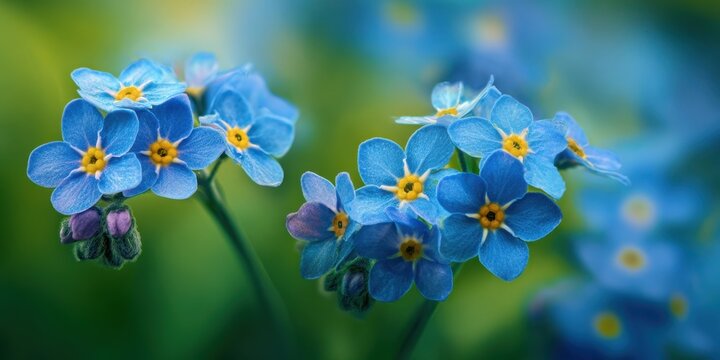 The Beautiful Blue Flowers of Forget-Me-Nots in a Lush Green Background - Powered by Adobe