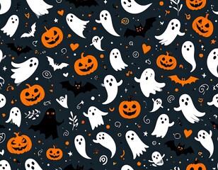 Halloween pattern with ghosts, pumpkins, and bats