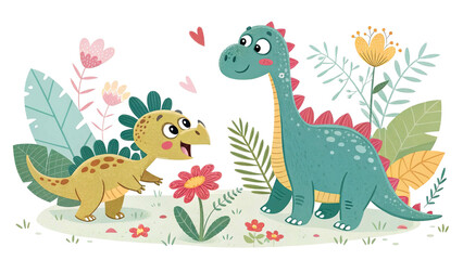 Adorable dinosaur drawing set with floral elements, cartoon T-Rex and Stegosaurus clipart. Isolated transparent background.