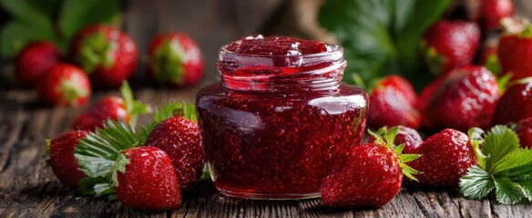 The vibrant strawberry jam jar surrounded by fresh strawberries and green leaves.