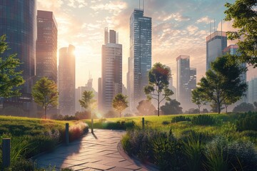Vibrant Picture of Highrise Apartments Overlooking Urban Park at Sunset