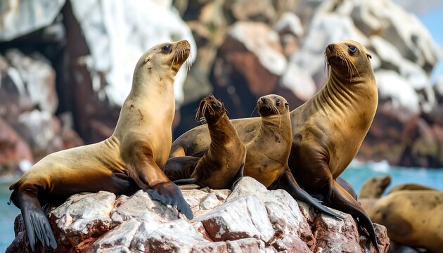 Group of sea lions on a rocky outcrop