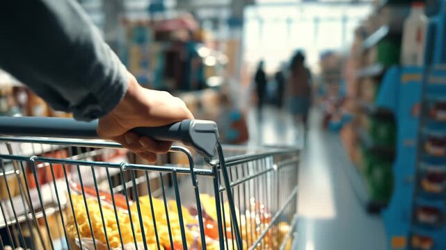 Close up of hand pushing shopping cart in supermarket aisle symbolizing consumerism retail food shopping groceries lifestyle and daily spending habits
