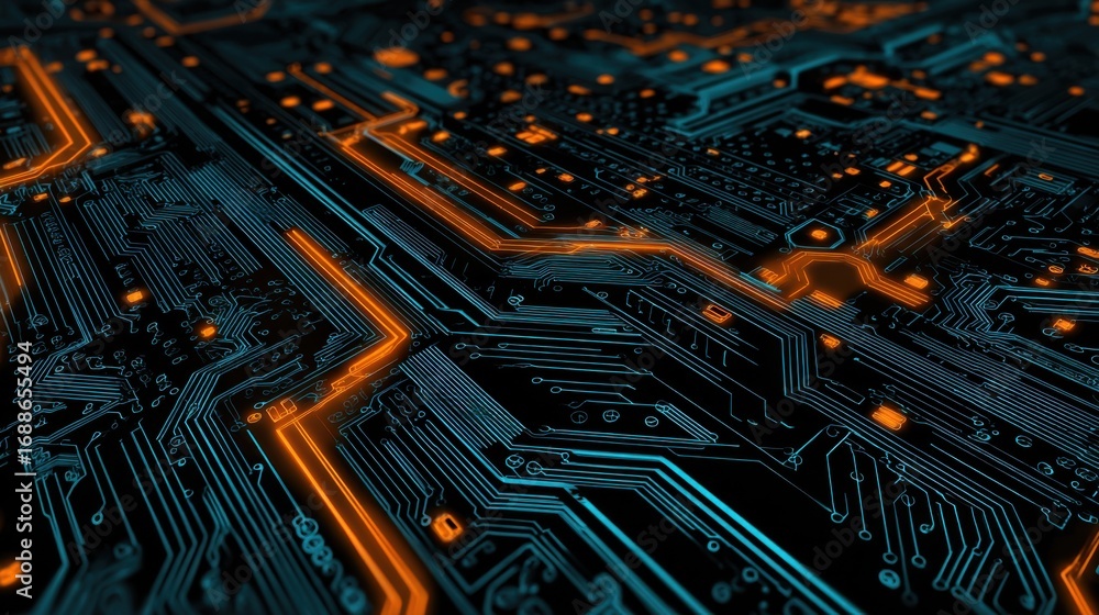 Poster close-up view of an intricate circuit board featuring glowing orange lines and blue pathways. this h