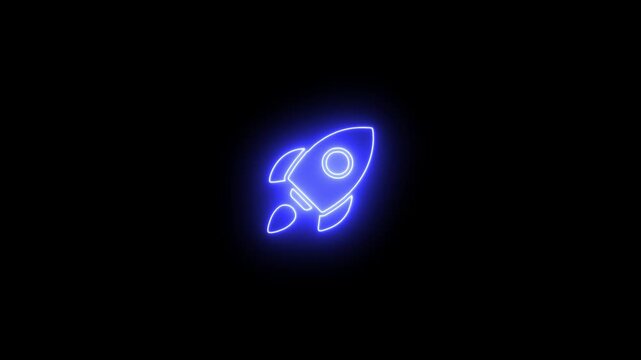 Abstrack glowing neon light rocket icon animation on black background.