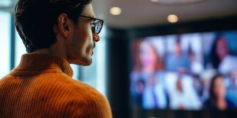 The professional engaged in a virtual meeting with diverse participants on-screen.
