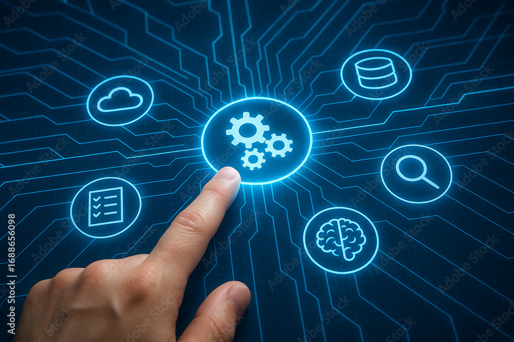 Fototapete automation and innovation technology concept with a person touching an automation gears icon and oth