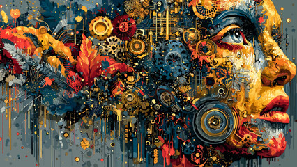 Fototapeta premium A stunning and vibrant piece of art, blending human features with intricate organic elements. The face emerges from a lush, colorful tapestry of flowers, gears, and abstract patterns, representing the