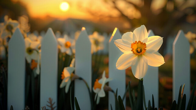 Beautiful white daffodil blooming in front of a rustic white picket fence, illuminated by the golden glow of a breathtaking sunset sky, symbolizing peace, hope, nature&rsquo;s beauty, and timeless charm.