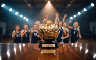 Golden volleyball trophy shines as jubilant young team celebrates championship victory under stadium lights